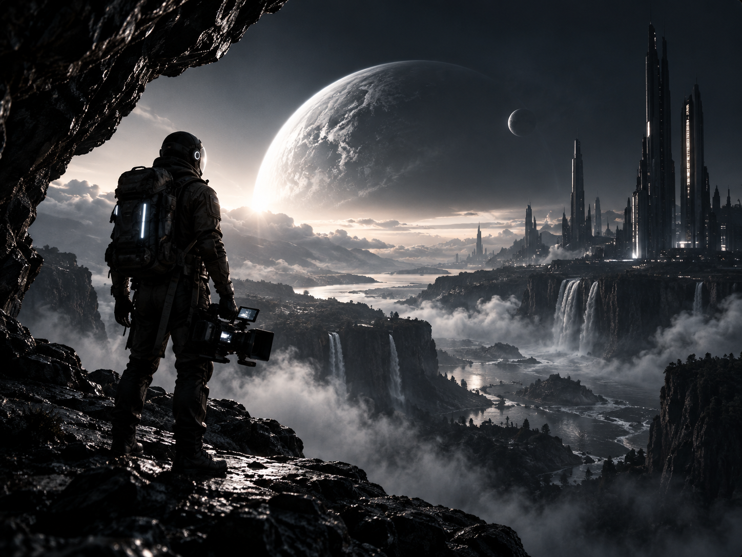 An explorer overlooking a cinematic science-fiction landscape