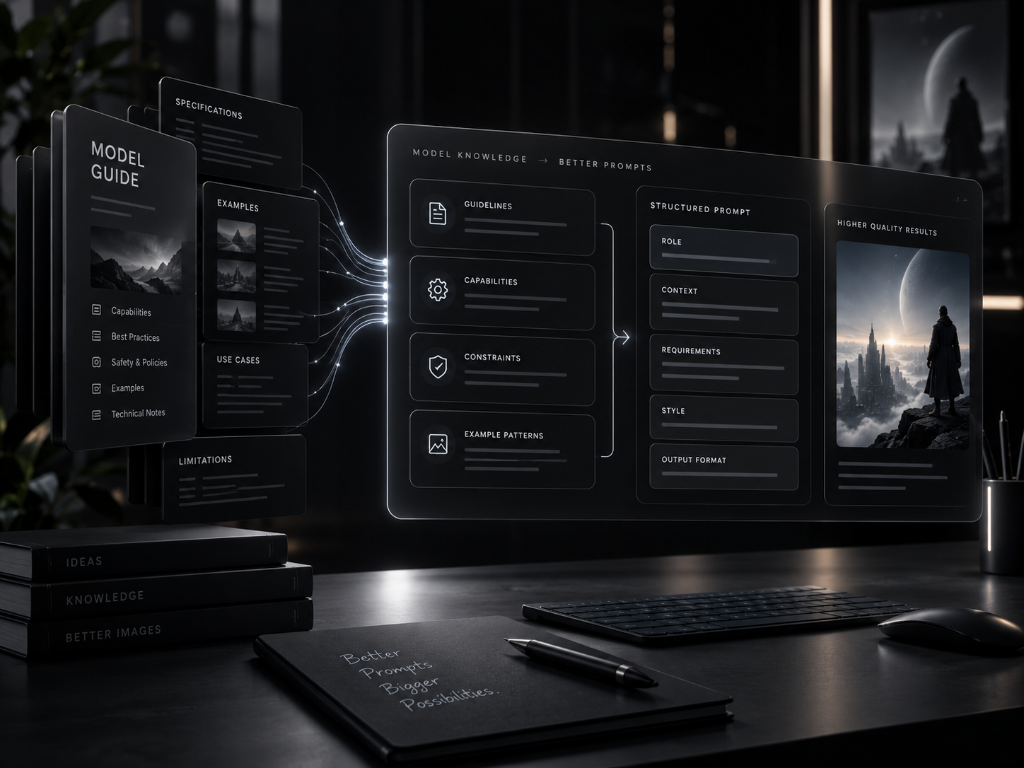 A structured model-knowledge interface organizing guidance into a cinematic prompt
