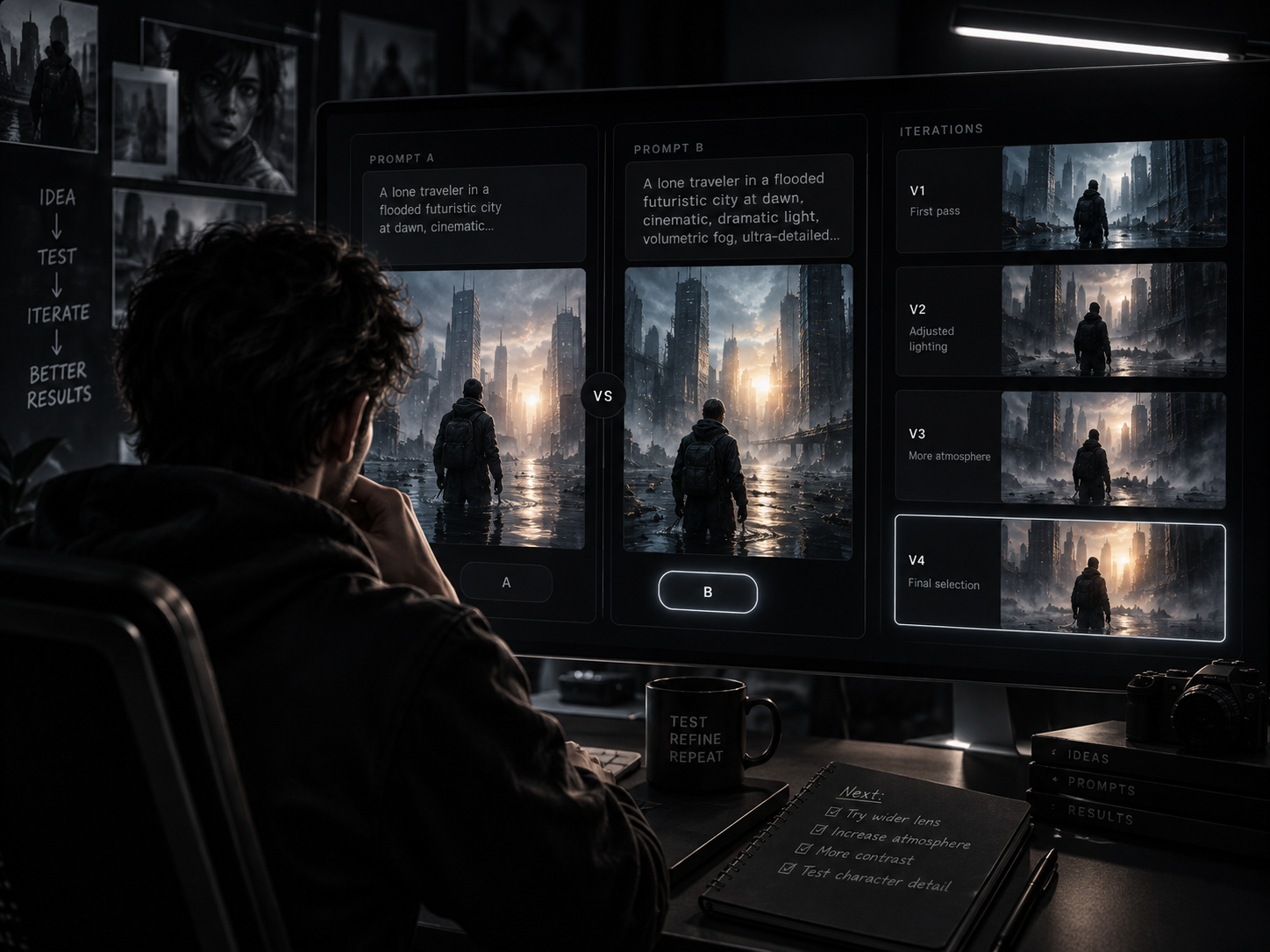 A creator testing and comparing cinematic prompt results at a workstation
